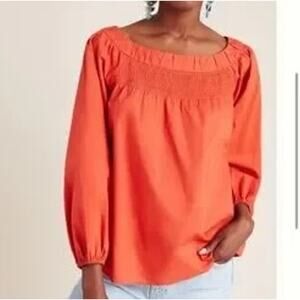 Maeve Anthropologie Long Sleeve Boatneck Cotton Poplin Top Blouse Coral Red S